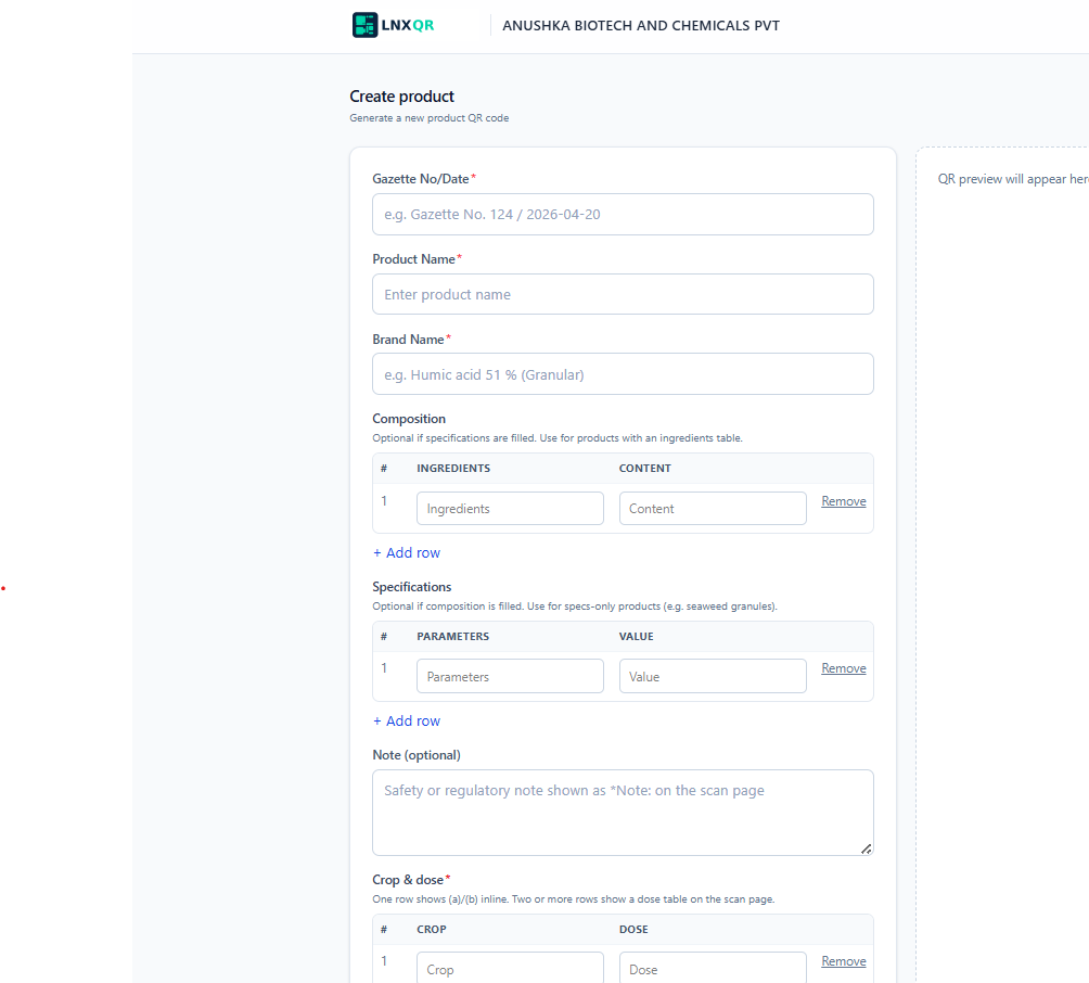LNXQR Create Product – add composition, crop dose, and generate QR