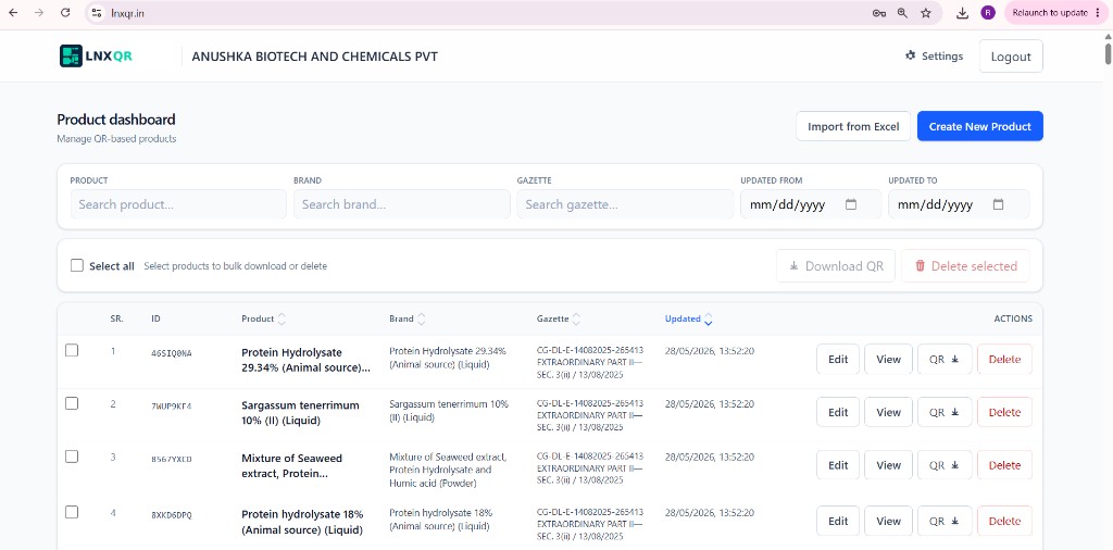 LNXQR Product Dashboard – manage products, bulk QR download, and Excel import