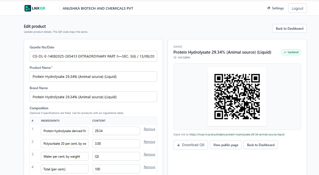 LNXQR Edit Product – update details with live QR preview and download