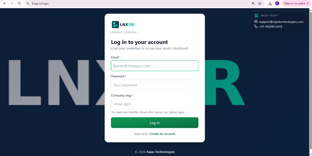 LNXQR Vendor Console Login